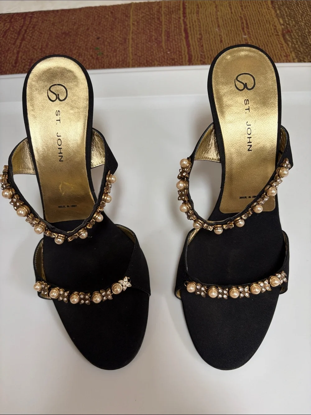St. John Black Heeled Sandals with Pearl and Gold Accents